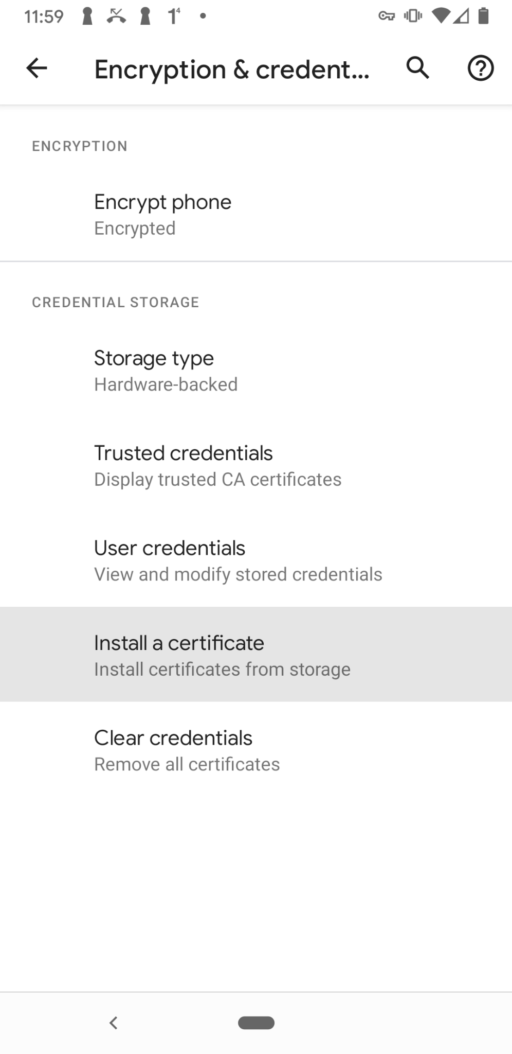 Android <strong>Encryption & credentials</strong> screen