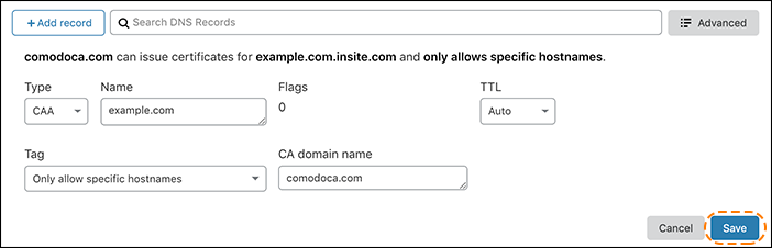 To add your root domain to the certificate, make sure the Tag dropdown specifies to allow wildcards and specific hostnames.